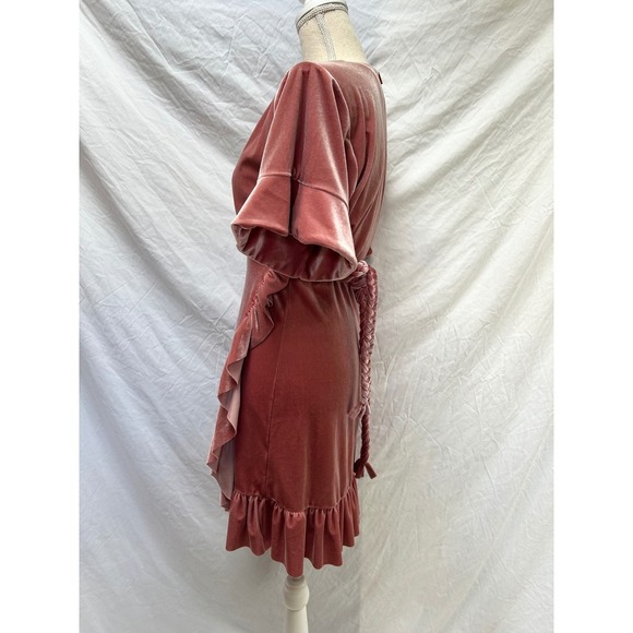 MISA Los Angeles Velvet Ruffle Mini Dress Pink Braided Belt Party Cocktail - Picture 3 of 6